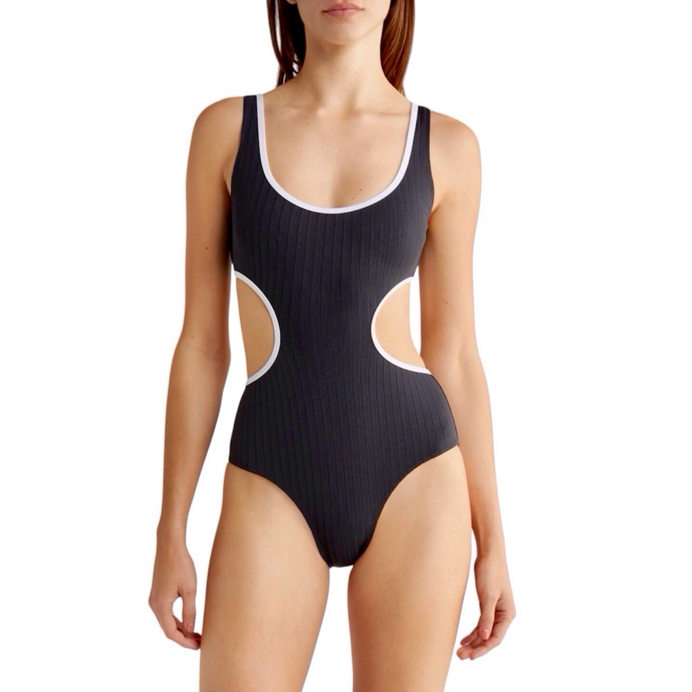 Solid And Striped Black Sarah Cutout Ribbed One Piece Swimsuit Size Large